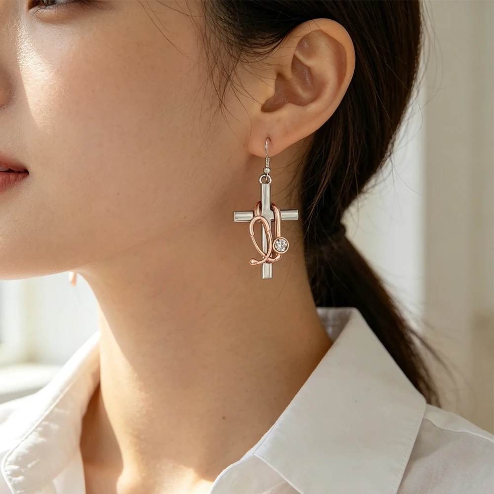 Two-Tone Spliced Stethoscope Cross Dangle Earrings, Medical-Themed Rhinestone-Studded Stethoscope Metal Earrings, Everyday Fashion Accessory
