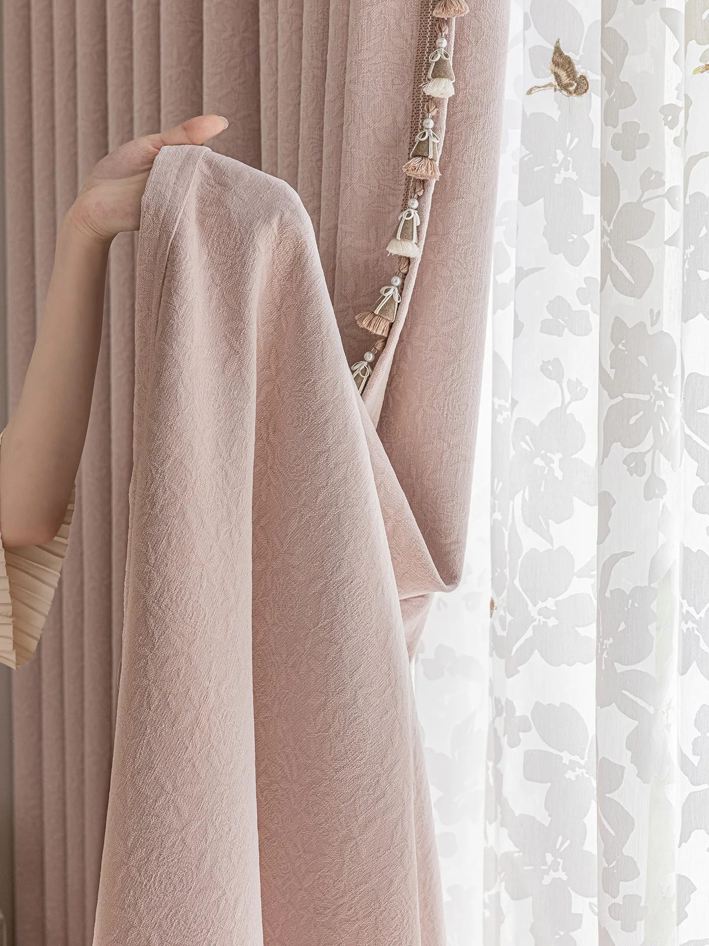 Jacquard Tassel Pink Chenille Luxury French Cream Romantic Rose Curtains for Living Room Bedroom Blackout Window Decor Balcony