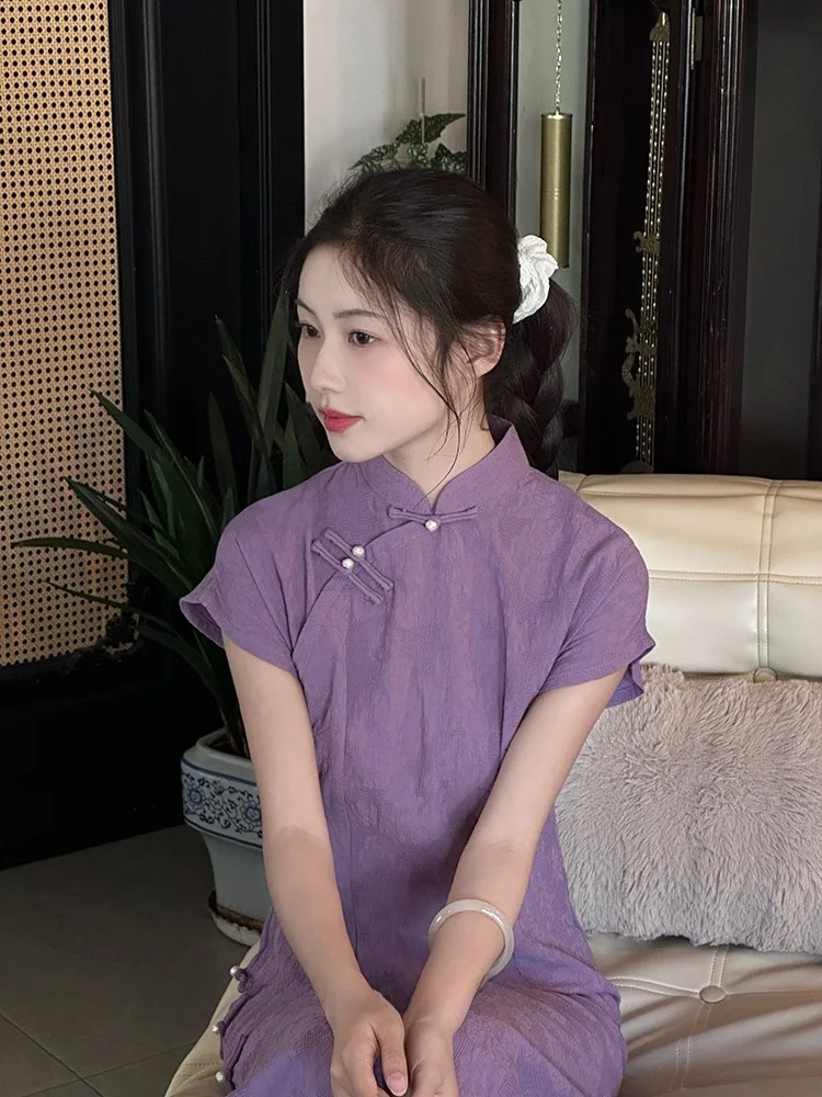 

Молодежное фиолетовое платье в ретро-китайском стиле с высоким разрезом, повседневное, дышащее, из смесового полиэстера, с коротким рукавом, миди-платье