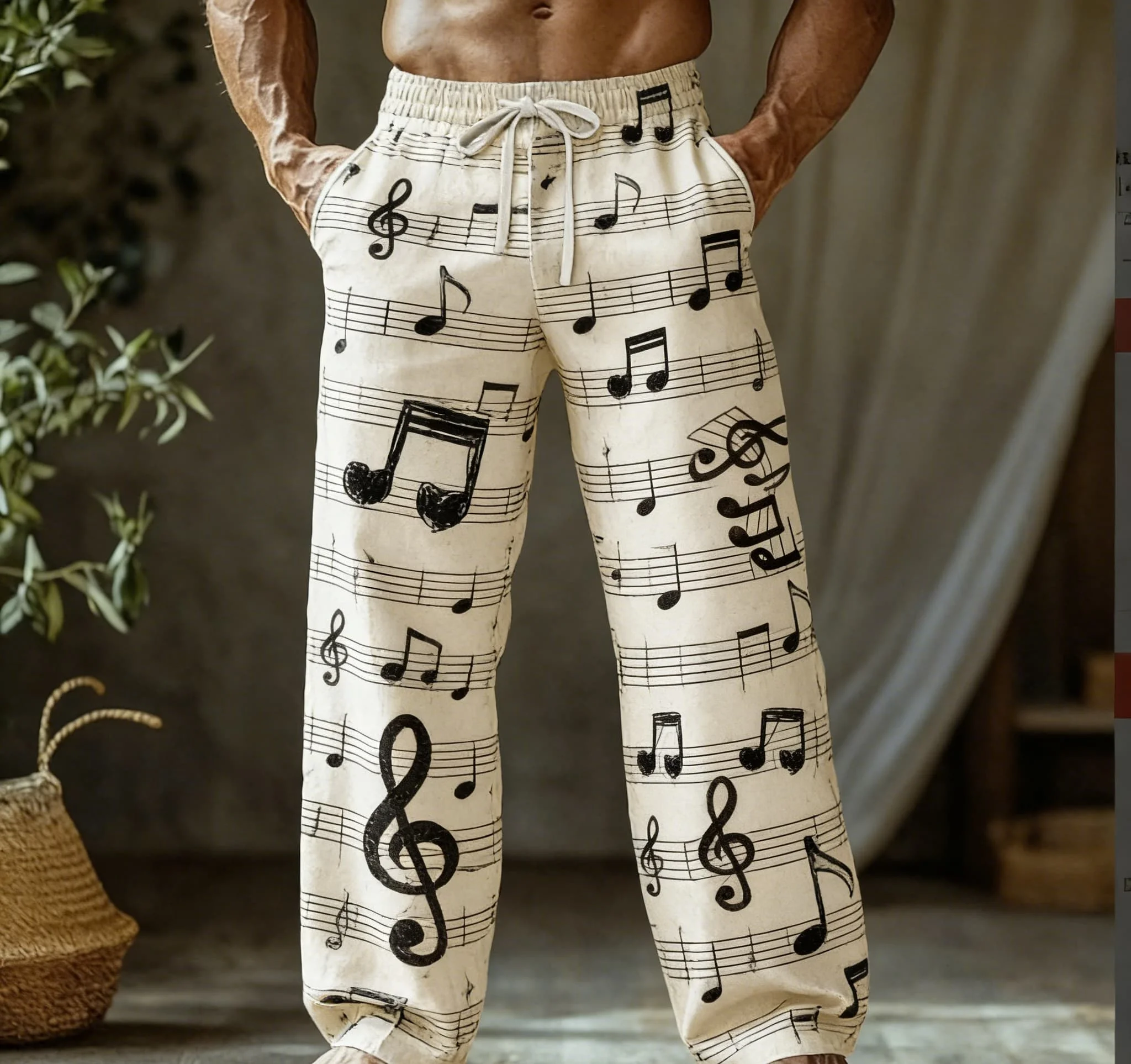 

Men's Summer Thin Quick-Dry Hawaiian Beach Pants, Loose Fit, Casual, Retro Musical Pattern Print