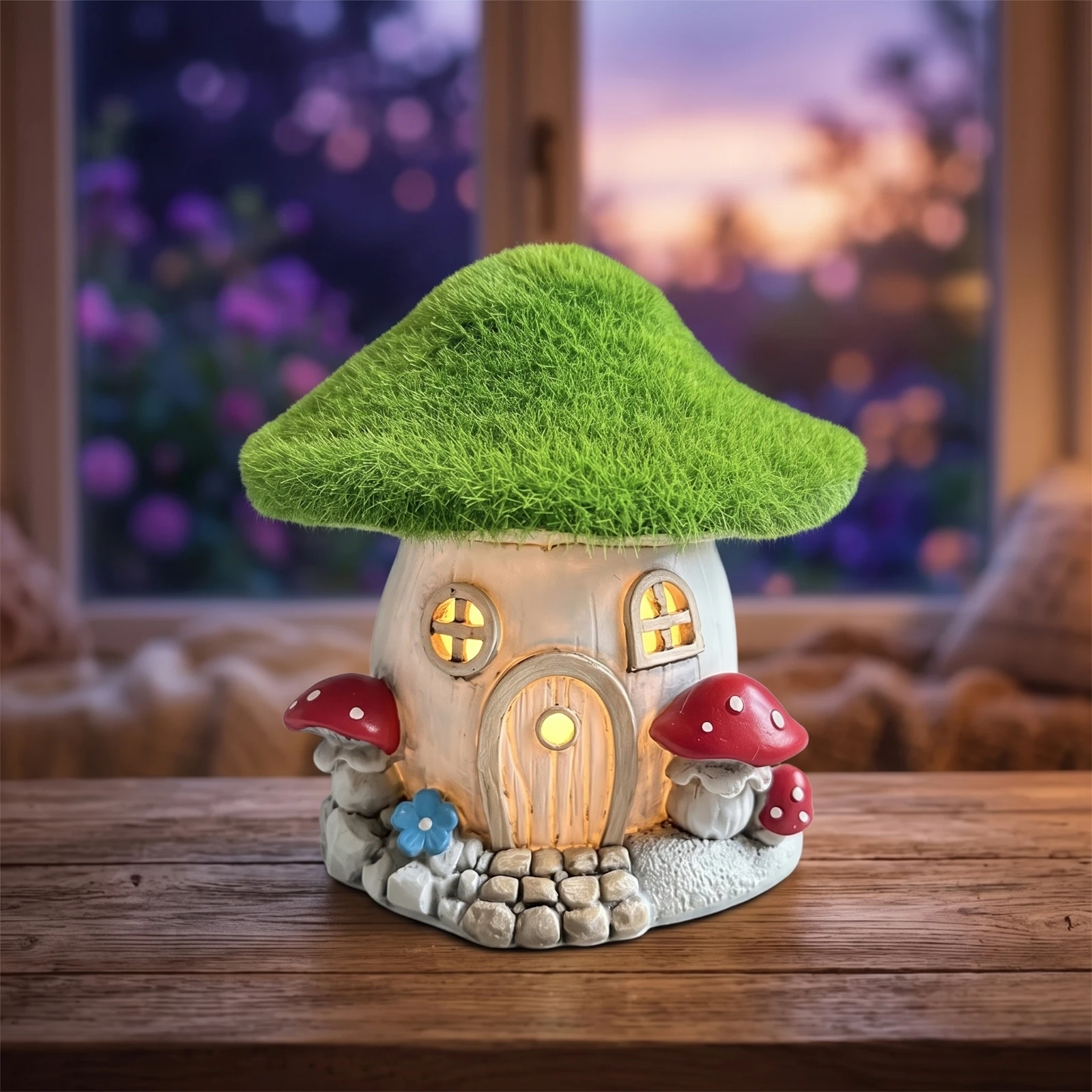 Fairy House Miniature Fairy Garden House with Lichen-Covered Roof Mini Cottage Resin Garden Cottage Lighted for Hobbyists