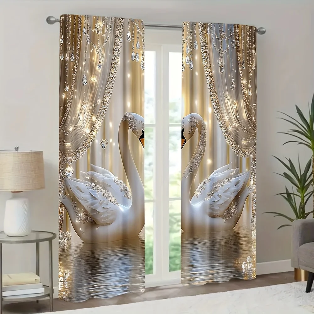2pcs Modern Swan & Crystal Pearl Print Polyester Curtains with Rod Pocket – for Living Room, Bedroom & Office Decor