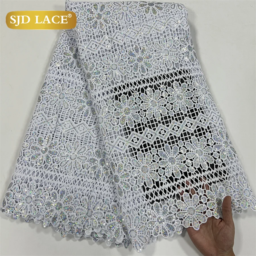 

SJD LACE Nigerian White Sequins Guipure Cord Lace Fabric 5 Yards 2024 New AfricanWater Soluble Lace For Women Wedding Dress 4028