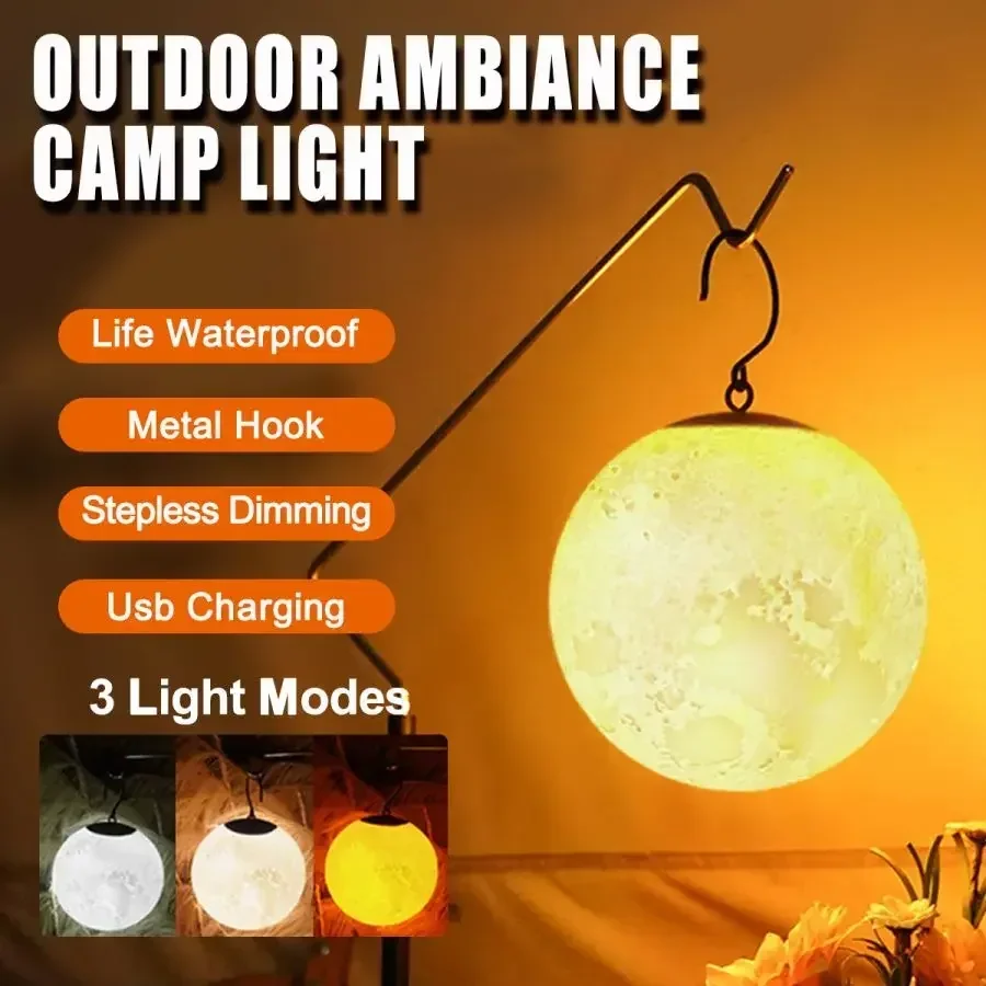 USB Rechargeable Portable Hanging Moon Light Outdoor LED Camping Lantern Waterproof Tent Lamp Garden Decor Lights