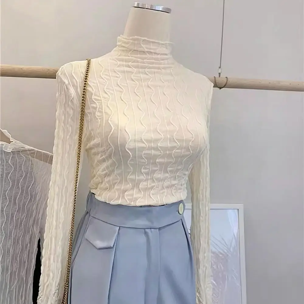 New Polyester Turtleneck Mesh Top Turtleneck Long Sleeve Sheer Layering Top Soft Breathable Long Sleeve Blouse Women's Fashion