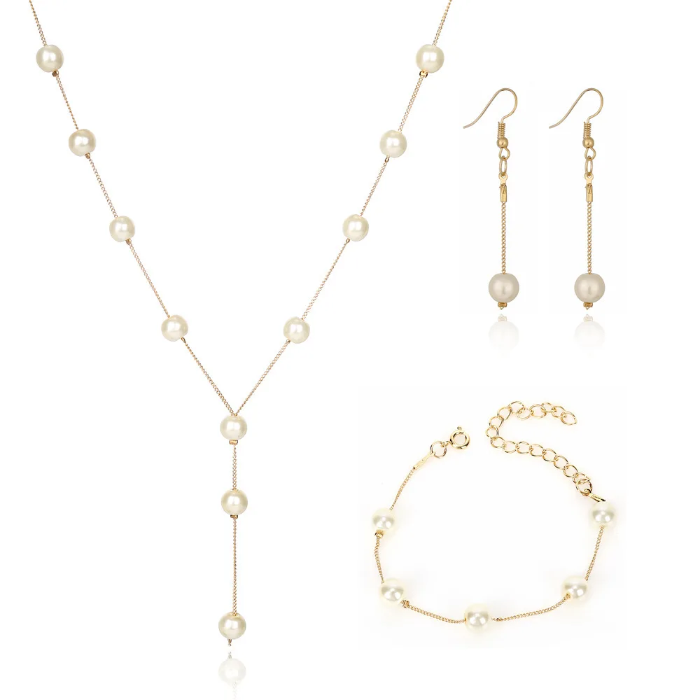 Three Piece Imitation Pearl Set, Layered Necklace, Drop Earrings and Bracelet - Image 4