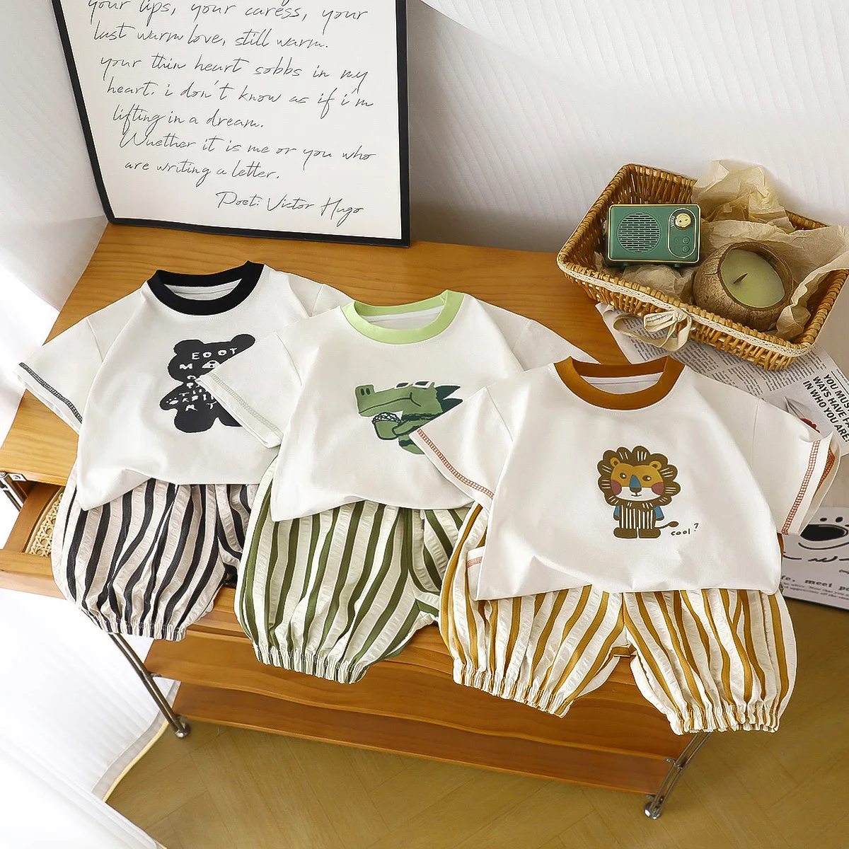 

Summer New 1-6 Years children Boys Korean Style Cartoon T-Shirt Set Kids Casual Striped Shorts 2 Piece Outfit