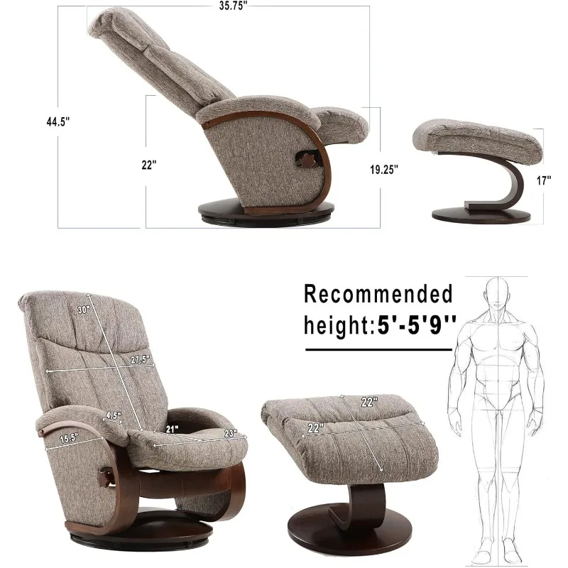 Swivel Recliner Chair with Ottoman, Matching Footrest, A Whole Solid Wooden Base, Memory Foam Filling, Easy Assembly,360° Swivel