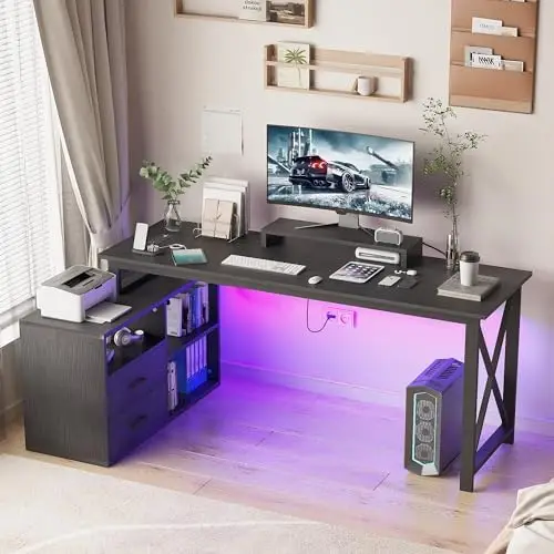 

L Shaped Desk with Drawers - Home Office Desk with LED Lights and Power Outlet, Computer Desk with Monitor Stand and USB Chargi