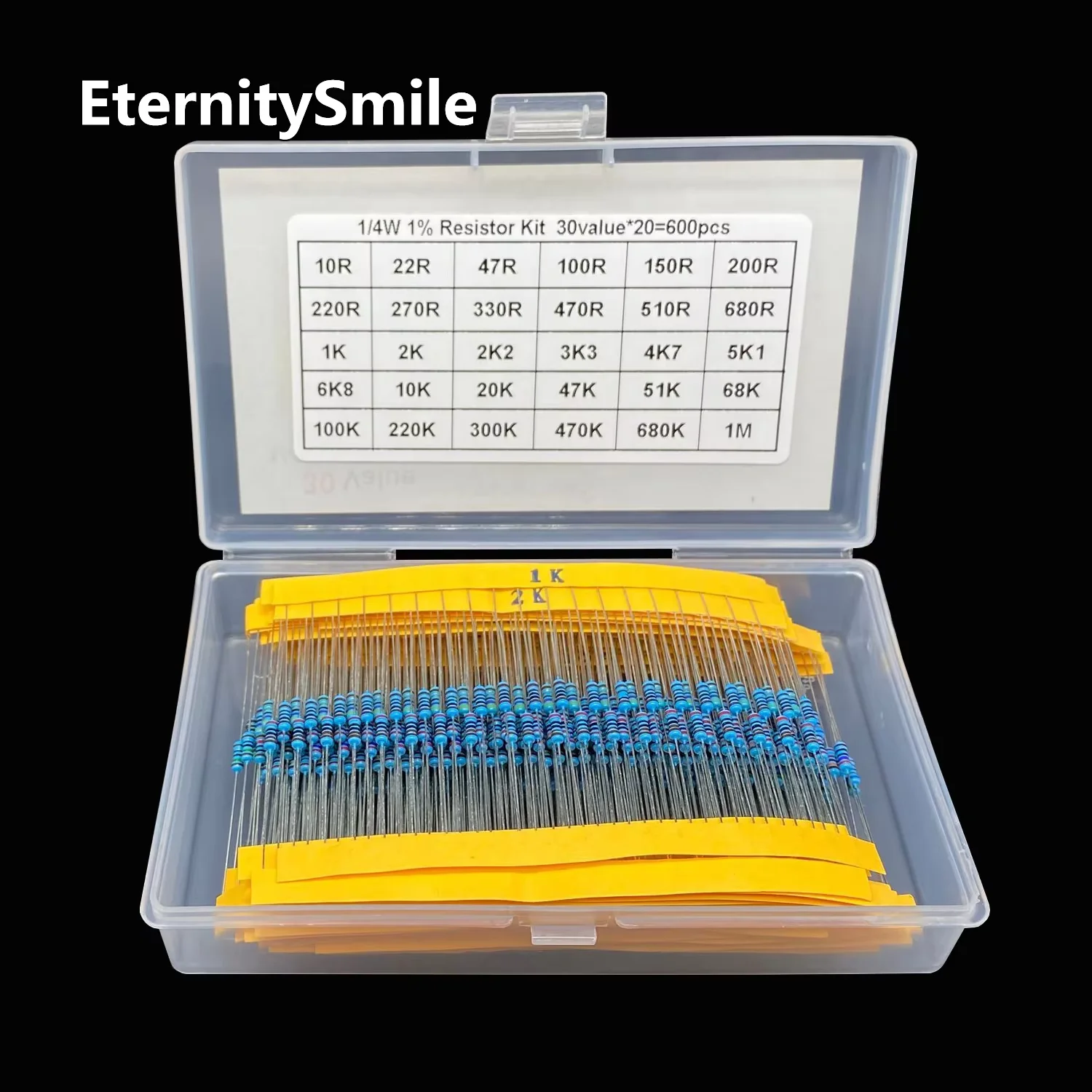 600PCS 30Values Each 20PCS 1% 1/4W Resistor Pack Set Diy Ring Metal 5 Film Resistor Kit Use Colored Ring Resistance  10R-1 M ohm