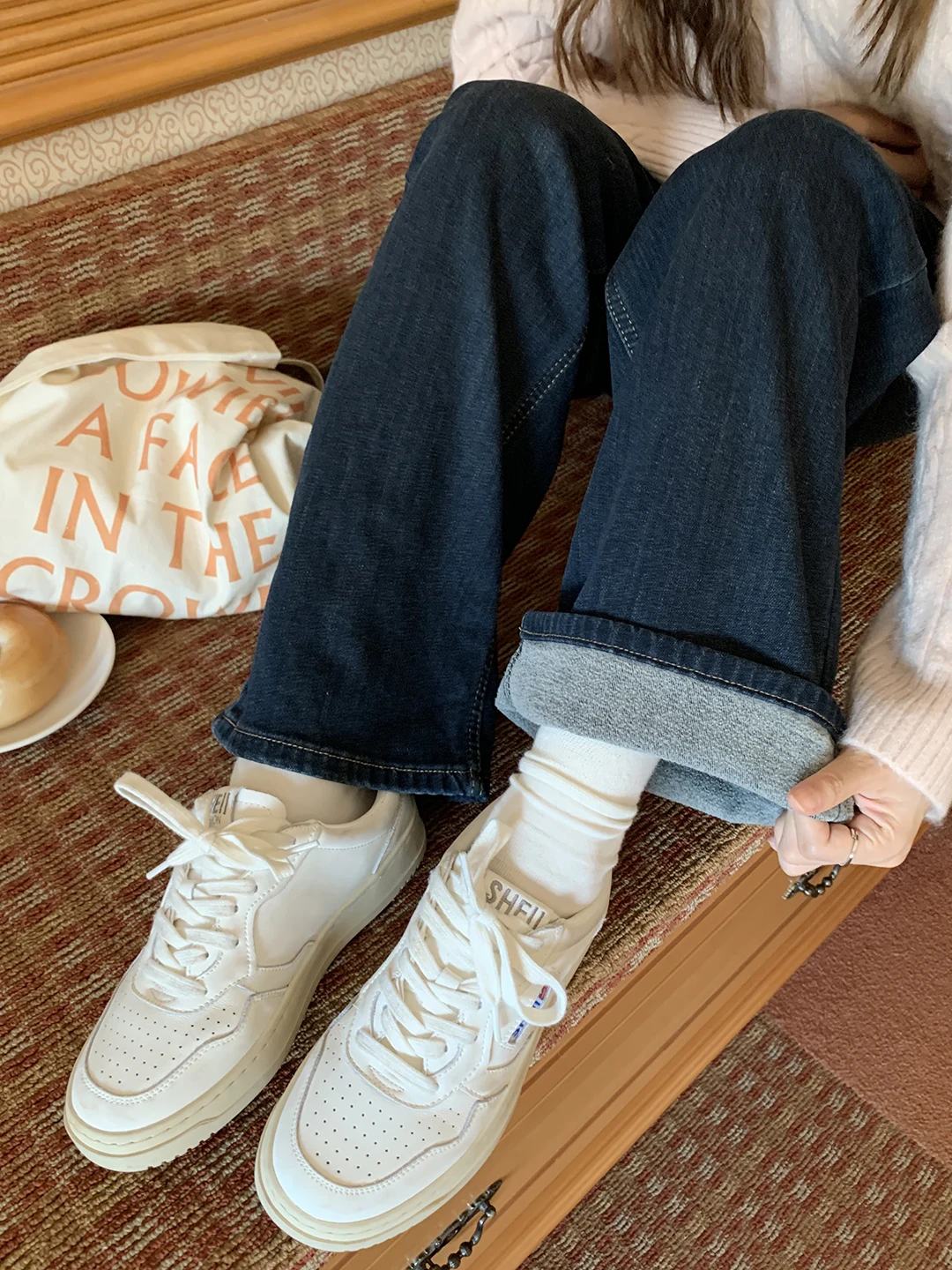 

Женские прямые джинсы на подкладке Fce с высокой талией, свободные длинные брюки для похудения, зимние новые корейские брюки