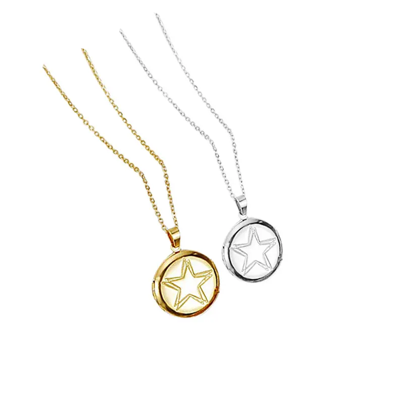 1pc New Big Engraved Star Stainless Steel Round Charms Floating Locket Picture Necklace Women Girls Family Memorial Jewelry