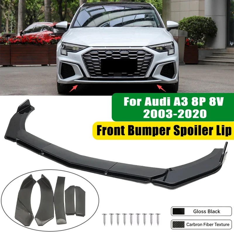 For Audi A3 8P 8V 2003-2020 5Pcs ABS Car Front Bumper Lip Spoiler Splitter Body Kit Canard Tuning Accessories