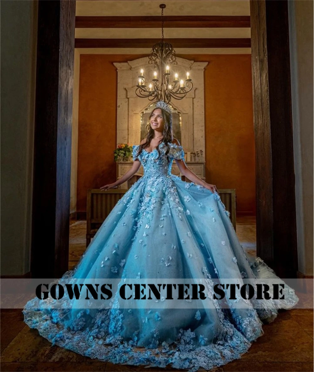 Elvish vestido De baile De encaje azul con flores 3D, quinceañera, vestido De princesa dulce mexicano 16, corsé con cordones, 15 Años