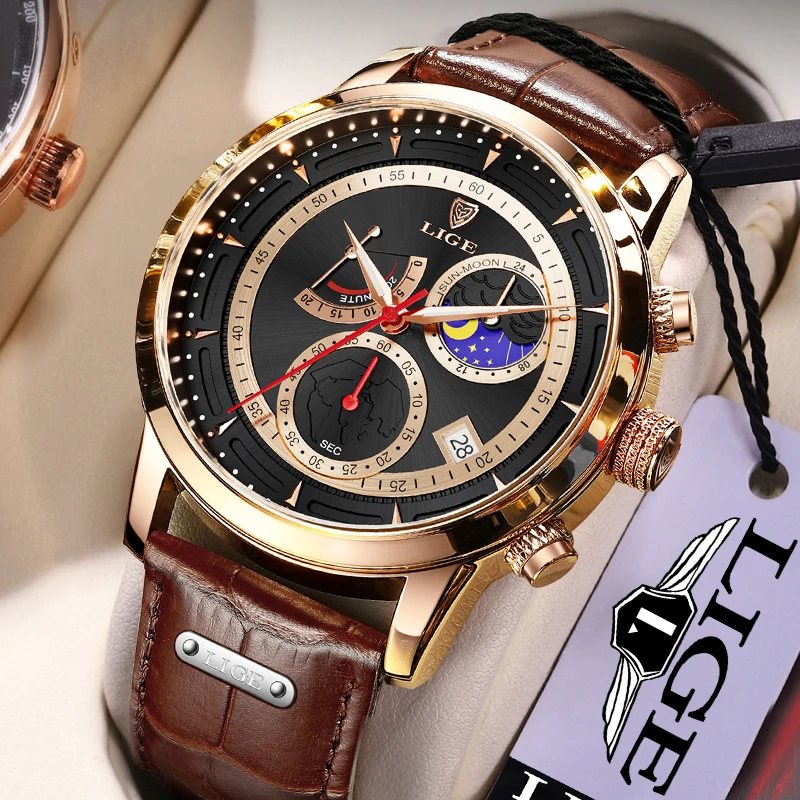 

New Top LIGE Mens Watches Luxury Brand Waterproof Wristwatch Moon Phase Watch for Men Casual Leather Date Clock Montre Homme+Box