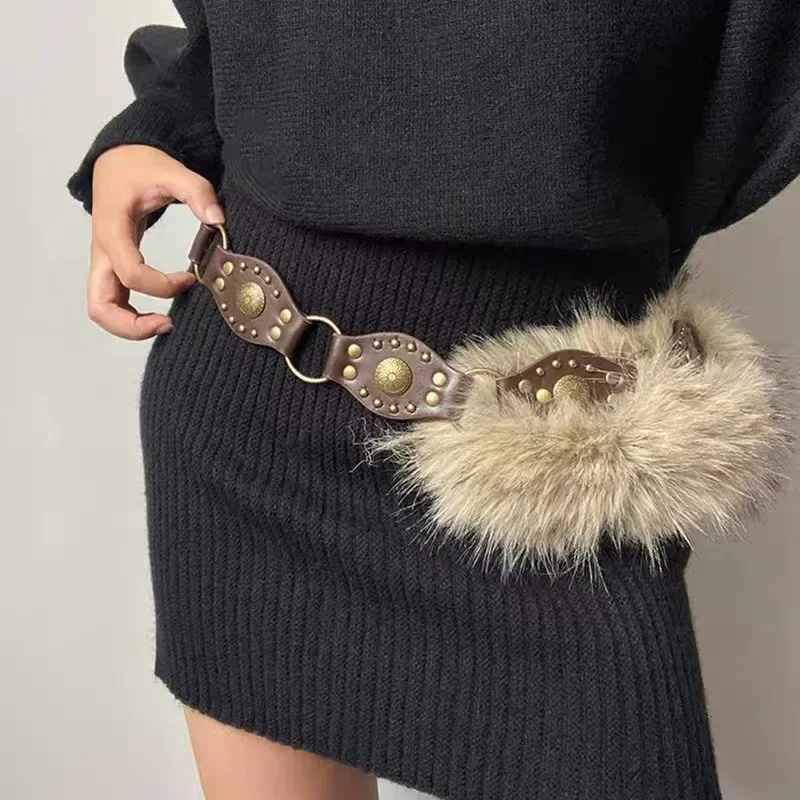 الهيب هوب أفخم حزام خمر فو الفراء بولي Leather الجلود المرقعة أحزمة وسط للنساء الشرير القوطية خمر الجينز الجينز الخصر ديكور