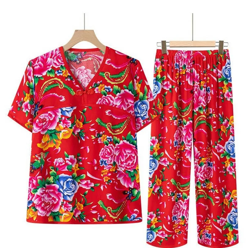 Summer Poplin homewear 2pcs sets China Northeast Big Flower Tshirt and Calf Length Pants Cheongsam Old-fashioned peony tang suit