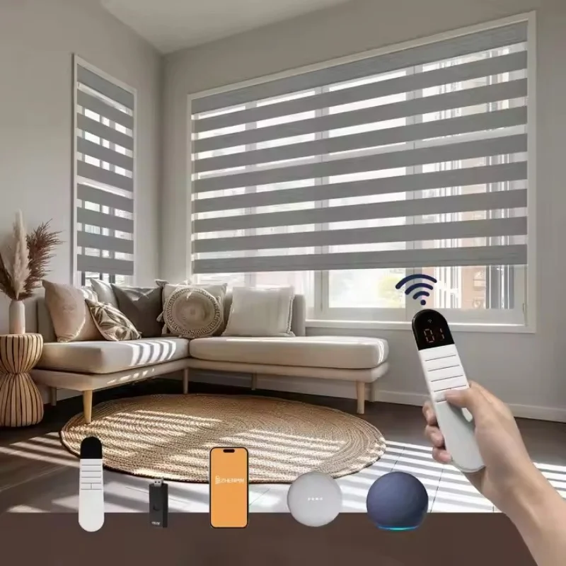 

Customized Blind Multi-color Selection Double Layer Smart WiFi Remote Control With Alexa Google Motorized Zebra Blind For Home
