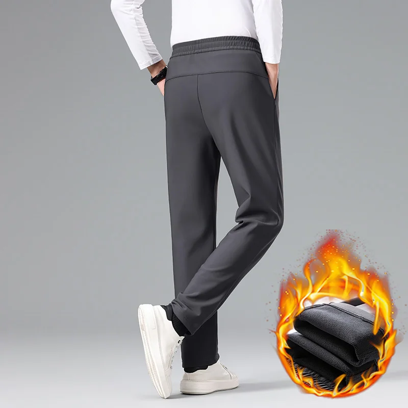 عالية الجودة الشتاء الصوف بناطيل تدفئة الرجال الرباط مرونة الخصر في الهواء الطلق الركض يتدفقون مستقيم أسود بناطيل كاجوال الذكور #4