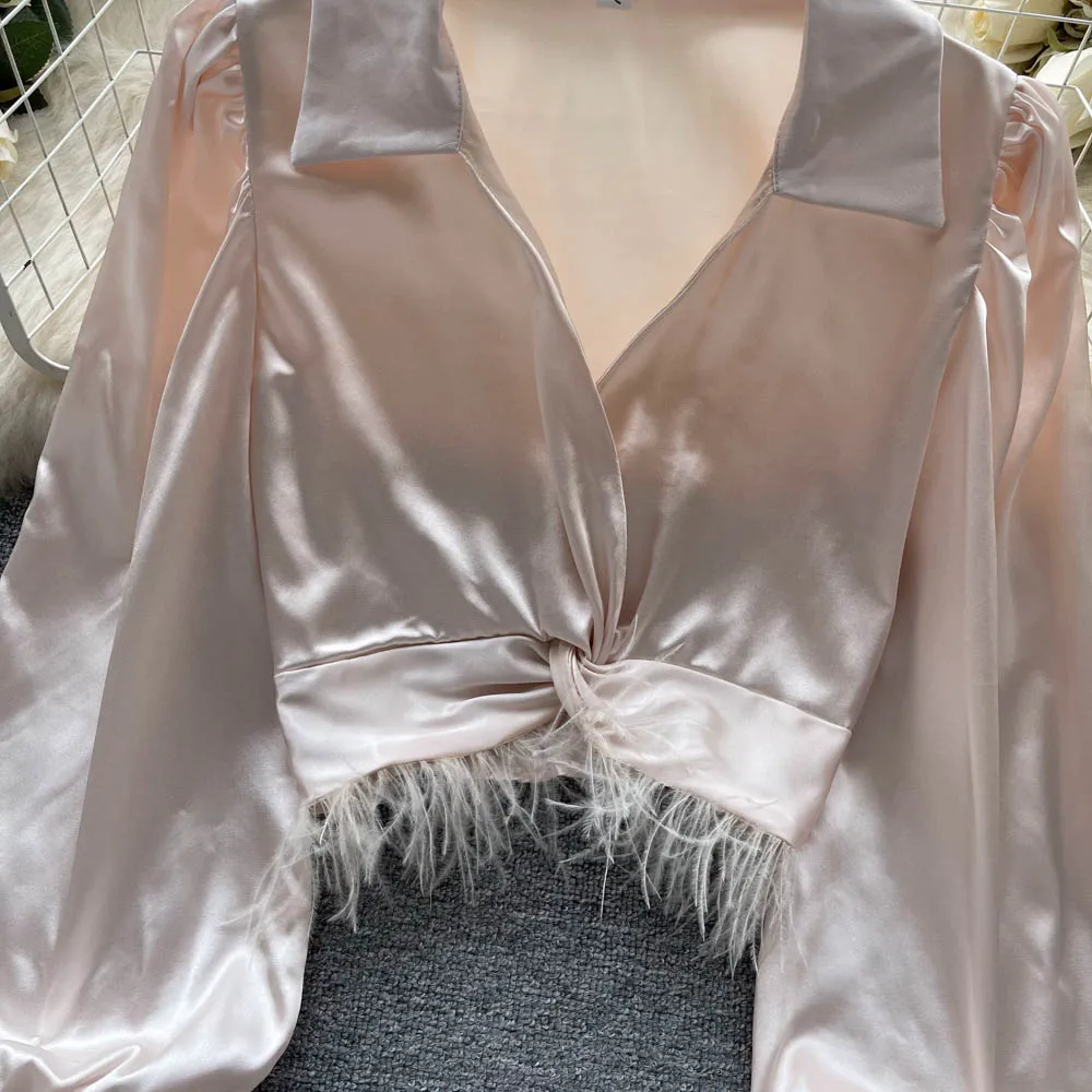 Elegant Satin Fluffy Tassels Long Sleeve Blouse Chic Vintage Korean Fashion Crop Top Women Spring Summer Shirts Gothic Clothing