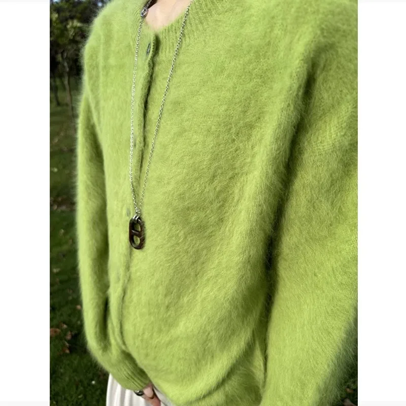Chaqueta tipo suéter verde holgada y de alta gama con cuello redondo para mujer, ropa de otoño e invierno, cárdigan grueso suave y de felpa