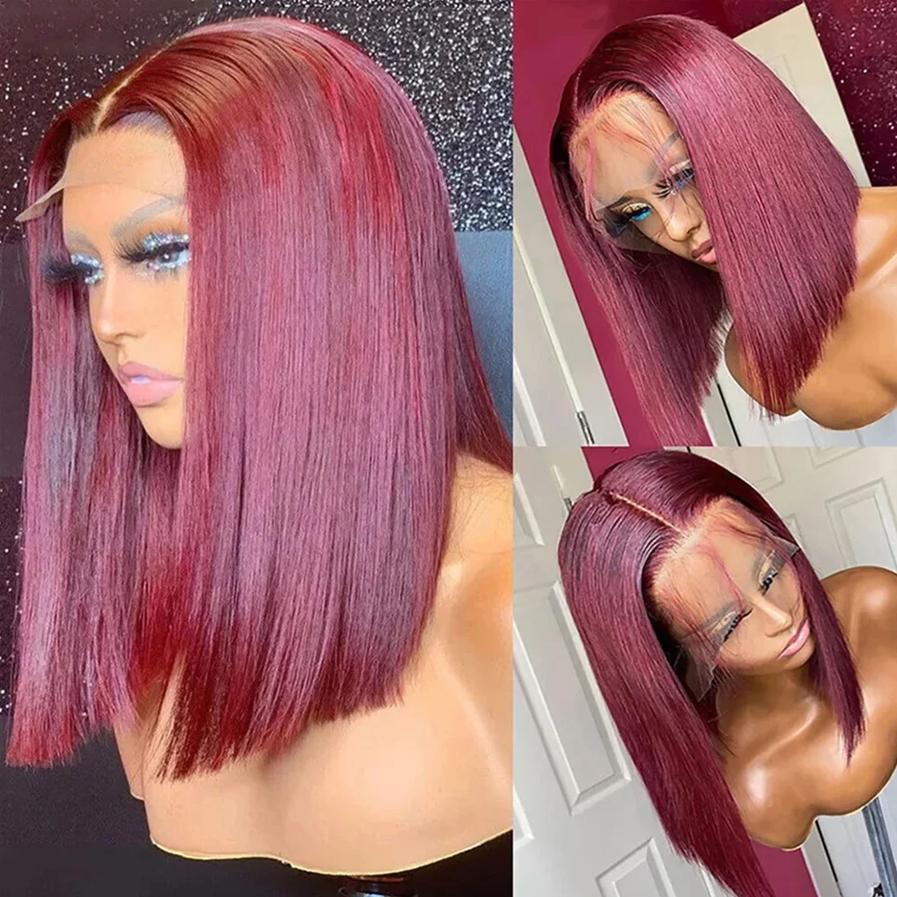 

99J Burgundy Straight Bob Wig 13x4 Lace Front Human Hair Bob Wig 99J Colored HD Lace Frontal Human Hair Bob Wig For Women