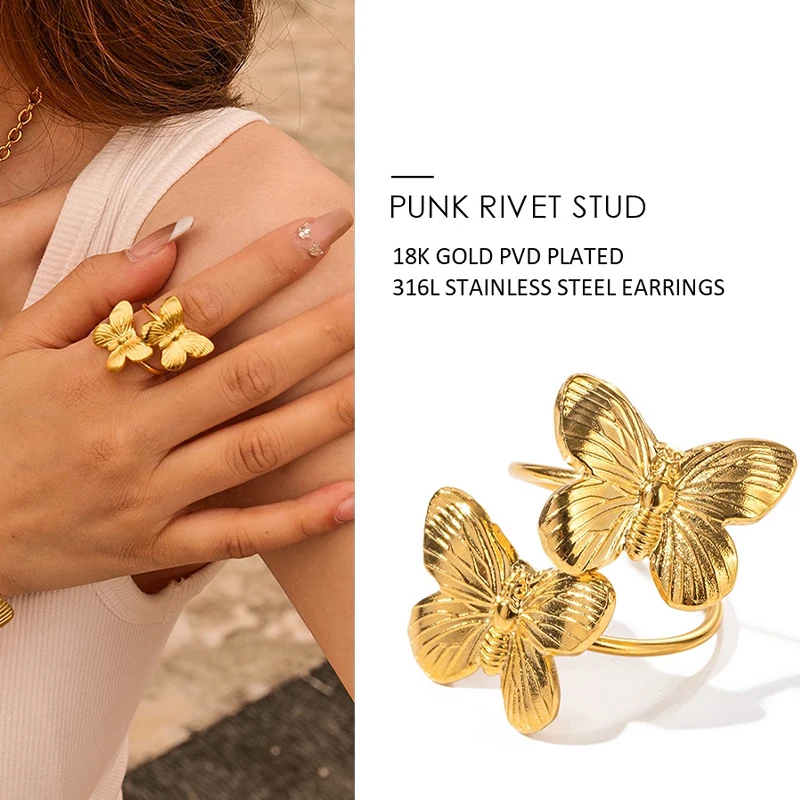 

PAPERPLUS | Butterfly Open Rings for Women.Stainless Steel.Exaggerated Gift.Adjustable.Vintage Charm Jewelry. 1Pcs.New