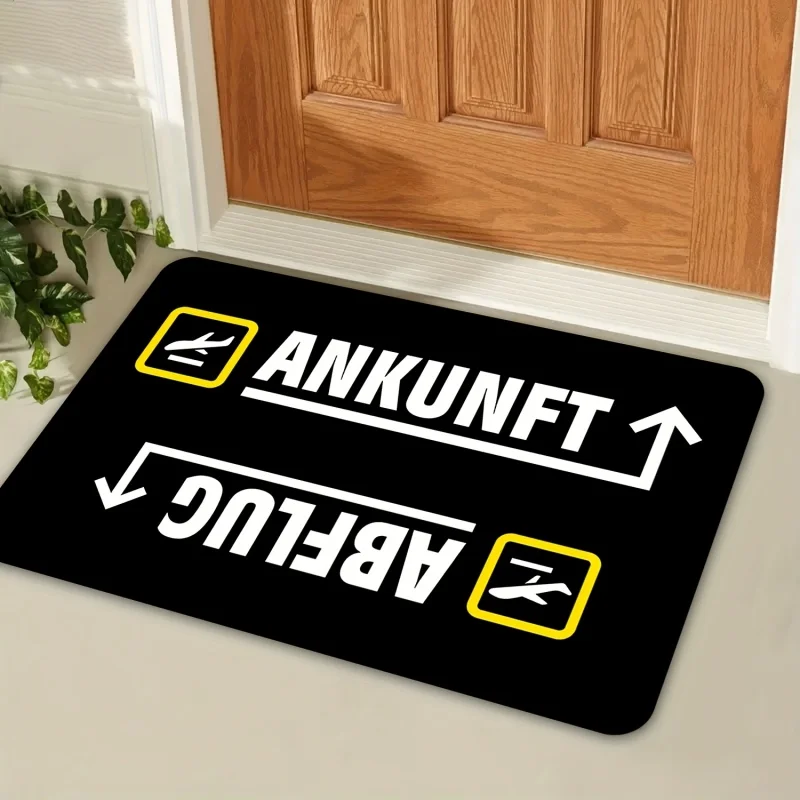 German Ankunft Abflug Airport Sign Airplane Icon Black Print Soft Flannel Non Slip Door Mat Travel Lover Doormat for Front Entry