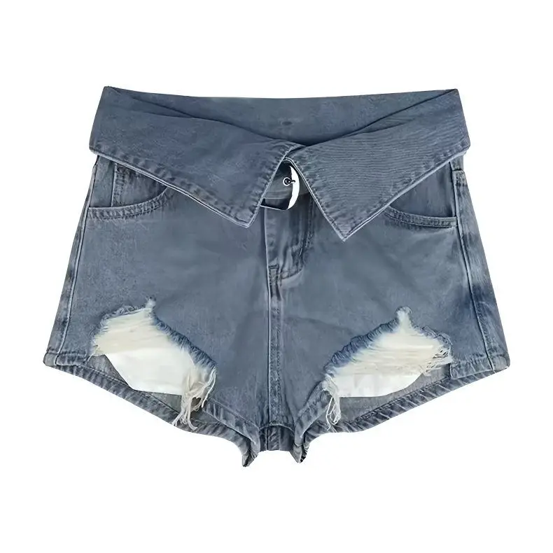 Waist Retro Ripped Denim Shorts For Women In Spring Japanese Korean High Waist Design Wide-Leg Hot Pants Fashionable