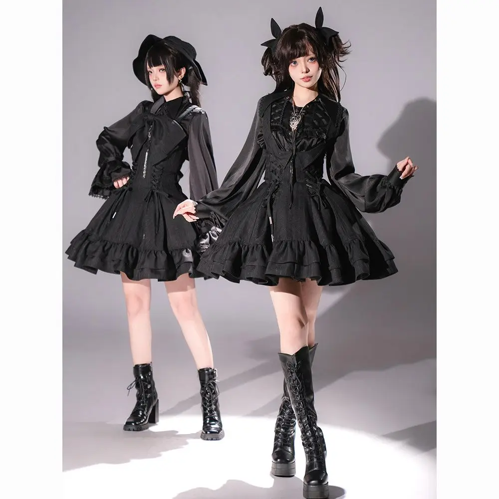 MAGOGO Spring and Summer New Japanese Gothic Mass-produced Elegant Miss Design Long Sleeve Bandage Shirt Slim Strap Dress Suit