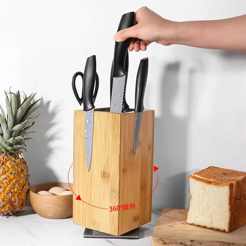 New 360° Rotating Wooden Magnetic  Holder Free Insertion PP Wire Knife Seat Magnetic Kitchen Knife Rack