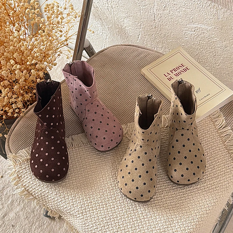 Girls Polka Dot Ankle Boots Retro Style Kids Short Leather Boots Back Zipper Children Fashion Leather Boots Autumn Winter