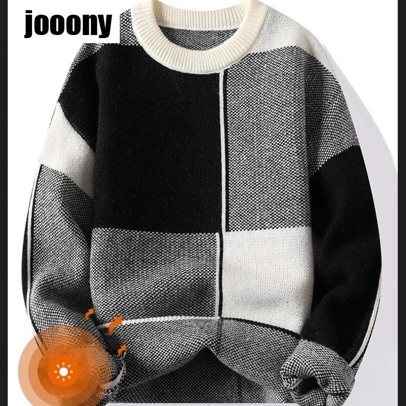 2024 New Fashion Patchwork Knitting Trend Checkered Autumn Winter Warm Knit Men's Casual Loose Comfortable Thickened Sweater