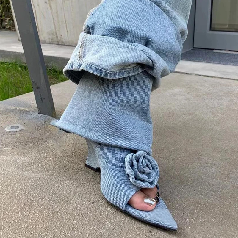 

Street Spicy Girl Style Pointy Open Toe Slope Cool Boots Summer Sexy Rose Denim Short Boots 3D Flower sandal 35-39 Women's Shoes