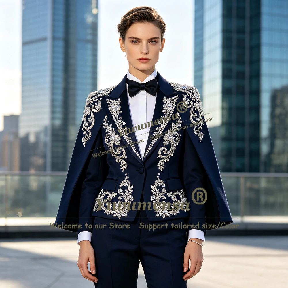 Hand Stitched Beadwork Suits Women 2 Piece Sets Single Breasted Prom Blazer WIth Short Cape Customized Bride's Mtother Dress