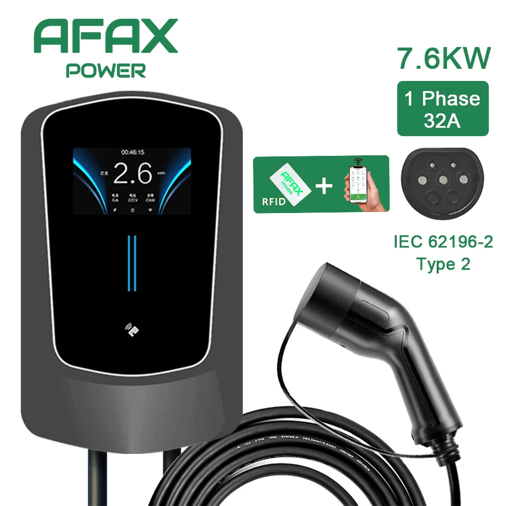 AFAX 7.6/11/22KW Cable EV Charger Type2 32A EVSE Charging Cable EU Plug Controller Wallbox for Electric Car APP Control