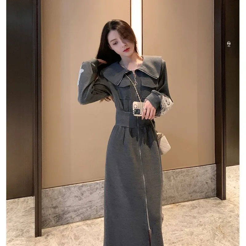 2026 Spring and Autumn New Gray Sweater Dress Women's Popular Fashion Foreign Style Age Reduction Temperament Lapel Casual Skirt