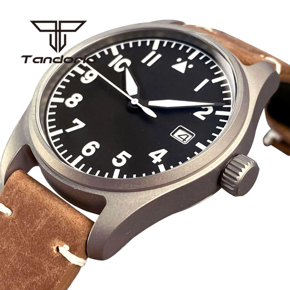 Tandorio Titanium 39mm Pilot NH35A 20bar Dive Men\'s Automatic Watch Aviator Dial Date Sapphire Glass Screw Crown Green Luminous