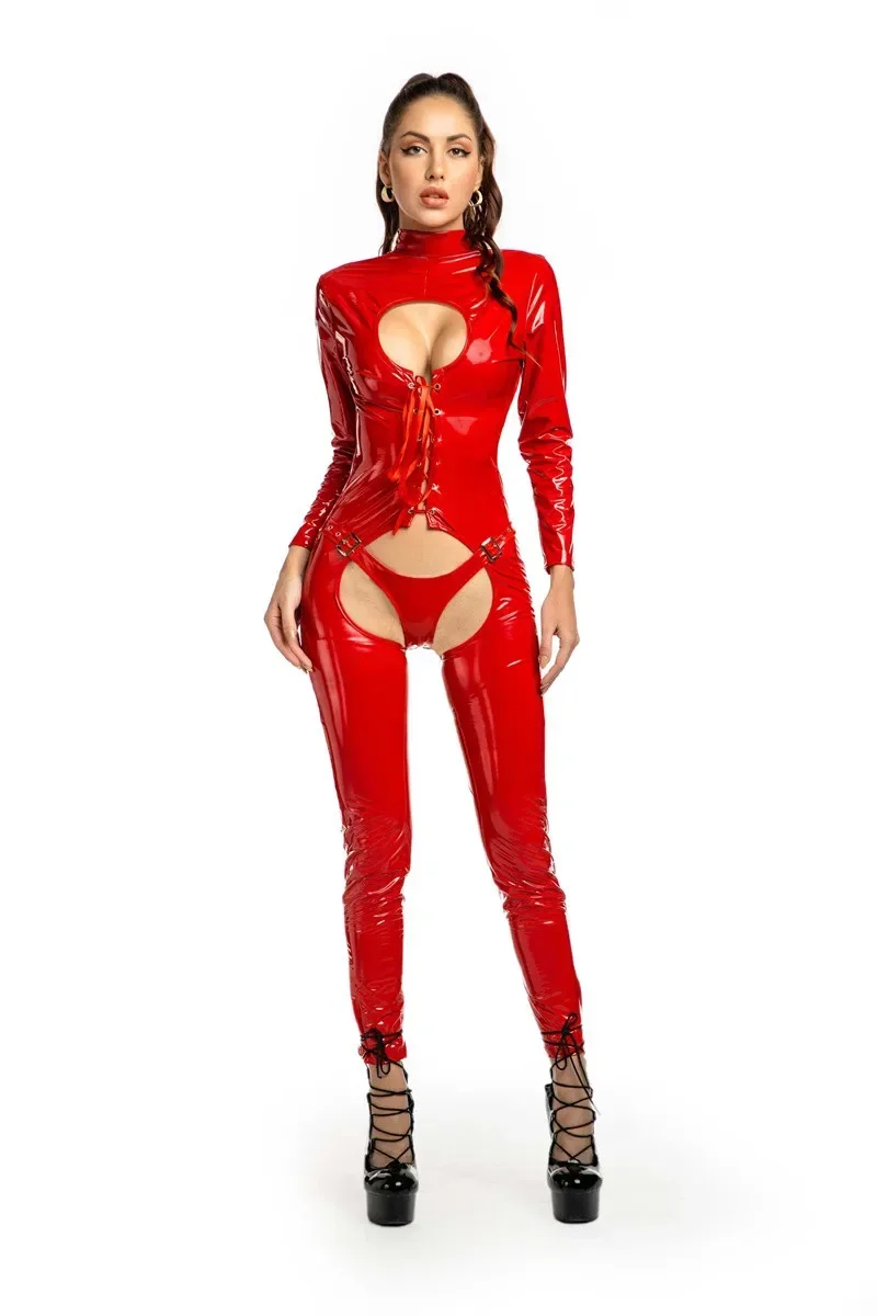 

Women Sexy PVC Faux Leather Wetlook Jumpsuit Hollow Out Latex Catsuit Gothic Style Hollow Out Bodysuit Hot Exotic Costume