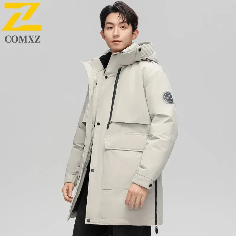 COMXZ 2025 جديد الرجال الشتاء سترة قسط أوزة أسفل معطف مملوء في الهواء الطلق الكورية نمط يندبروف الباردة برهان سترة طويلة أسفل