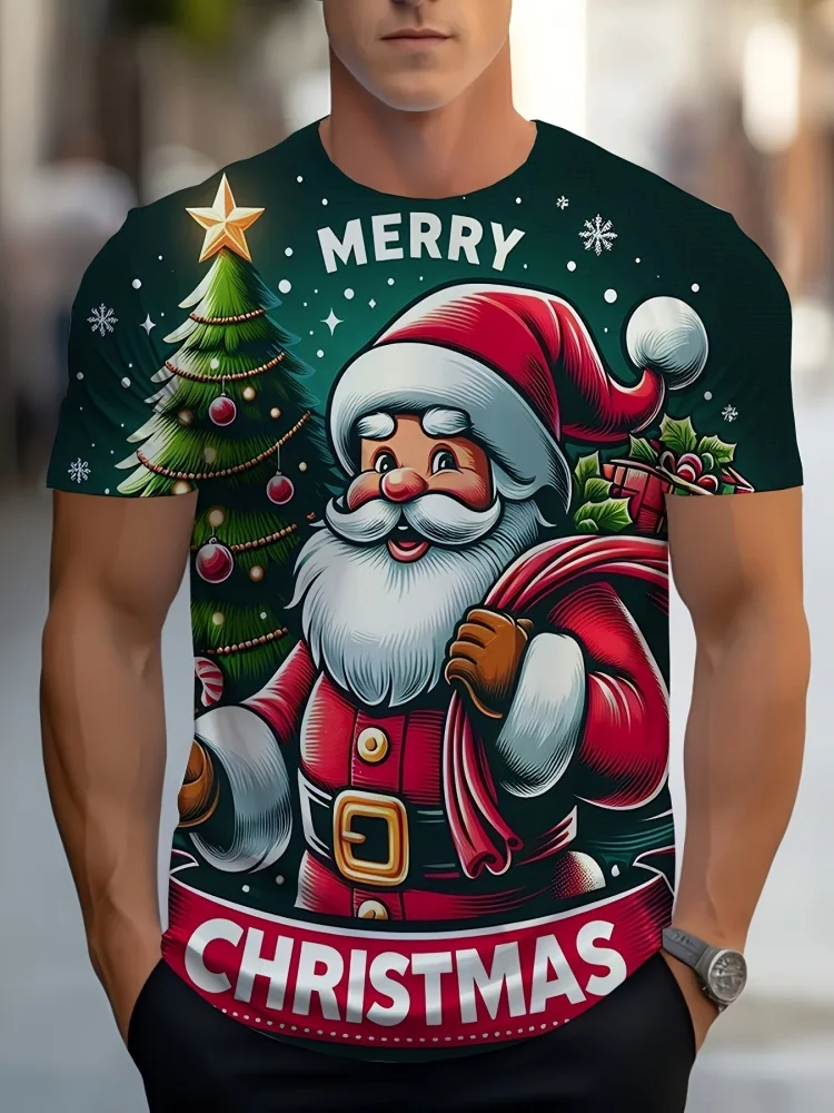 Christmas-themed Men's Crew Neck Short-Sleeve T-Shirt Relaxed Fit Santa Claus Design Relaxed Fit Short-Sleeve Men's Apparel