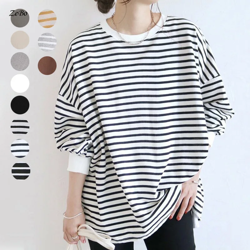 

New Fashion Stripe Round Neck T-shirt Sweater for Women Loose and Comfortable Cotton Large Bottom Casual Top for Women