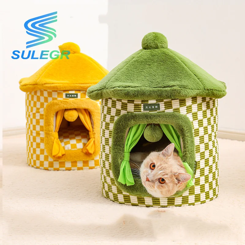 

SULEGR Checkerboard pattern Mongolian yurt cat bed winter small dog nest warm and thickened fully enclosed