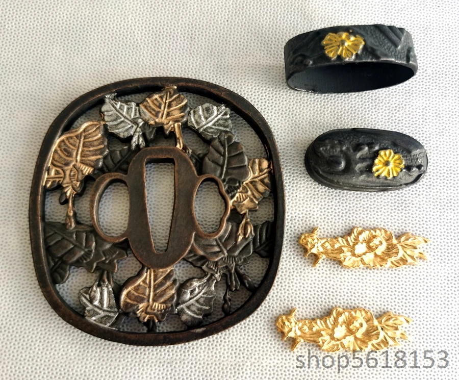 Alloy tree leaf tsuba fuchi Menuki Japanese Katana sword Wakizashi tanto