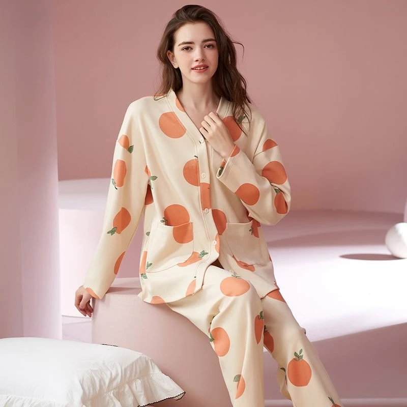 2025 New Pajamas for Women Long-sleeved Pijamas Sleepwear Cute Orange Large Size Loungewear Suit Sleepwear 2pcs