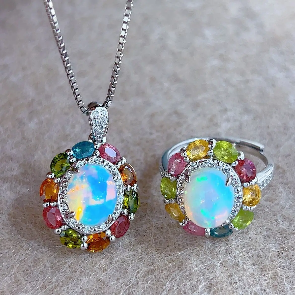 Best Seller Pendant Ring Jewelry Sets For Woman With Natural Opal Gemstone 8*10mm Jewelry Sets Pendant Ring For Wedding Dating