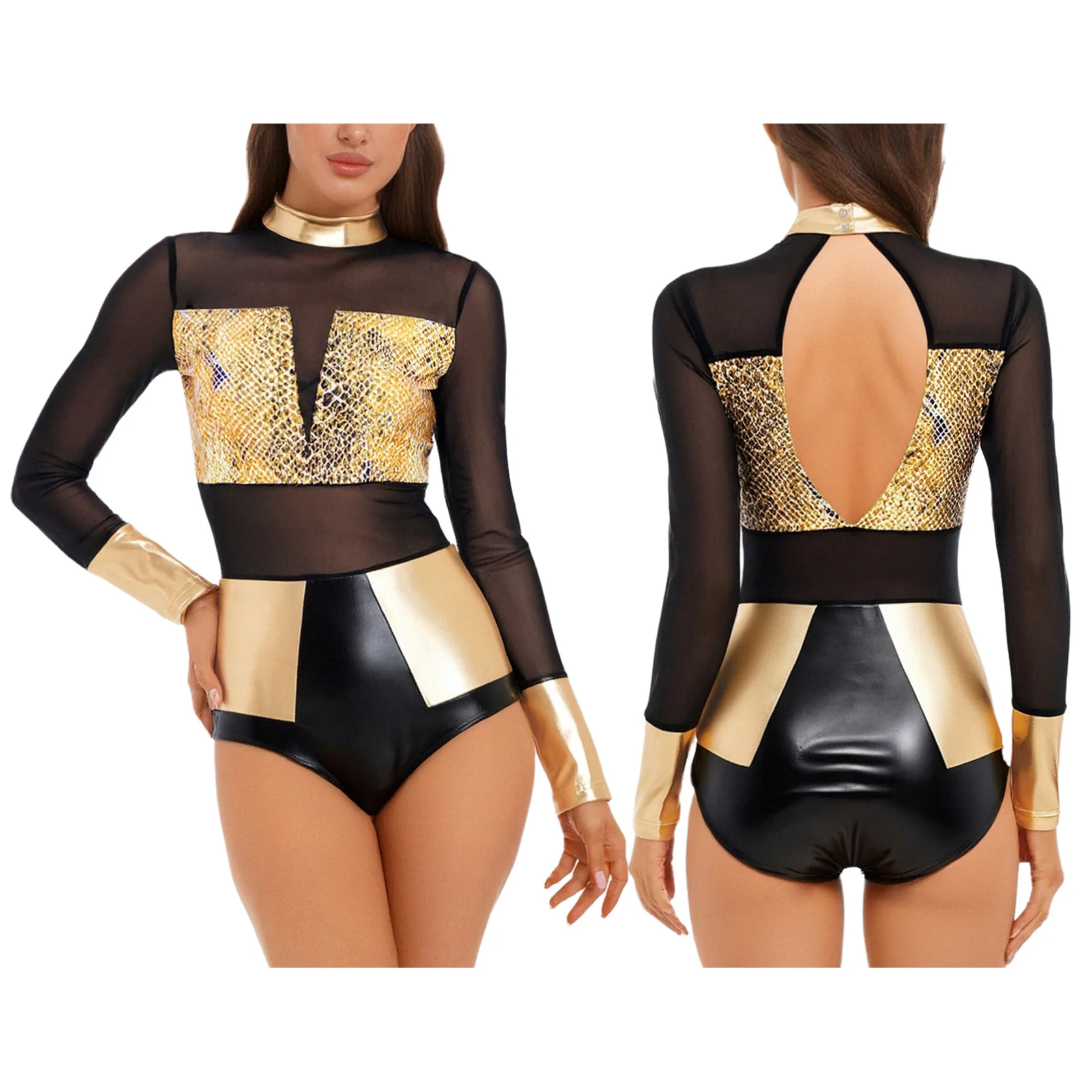 

Women Fashion Sequins Gymnastics Waltz Disco Dance Performance Leotard Long Sleeve Patchwork Jumpsuit for Raves Party Dance Wear