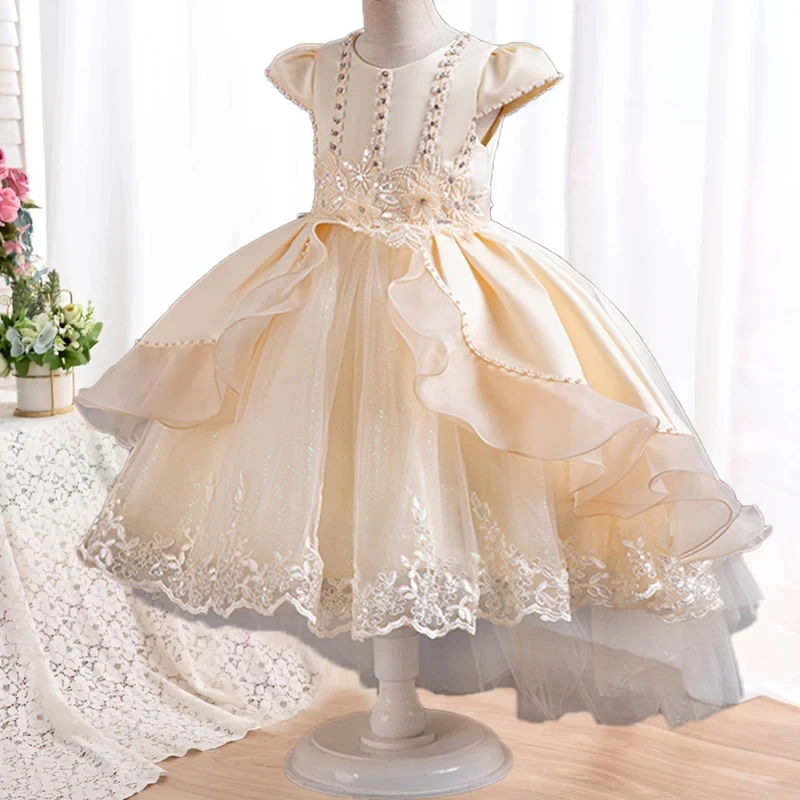 Girls\' Formal Evening Sleeveless Trailing  Princess Dress girls pearl bow fluffy mesh skirt banquet host costumes 5-14 years old