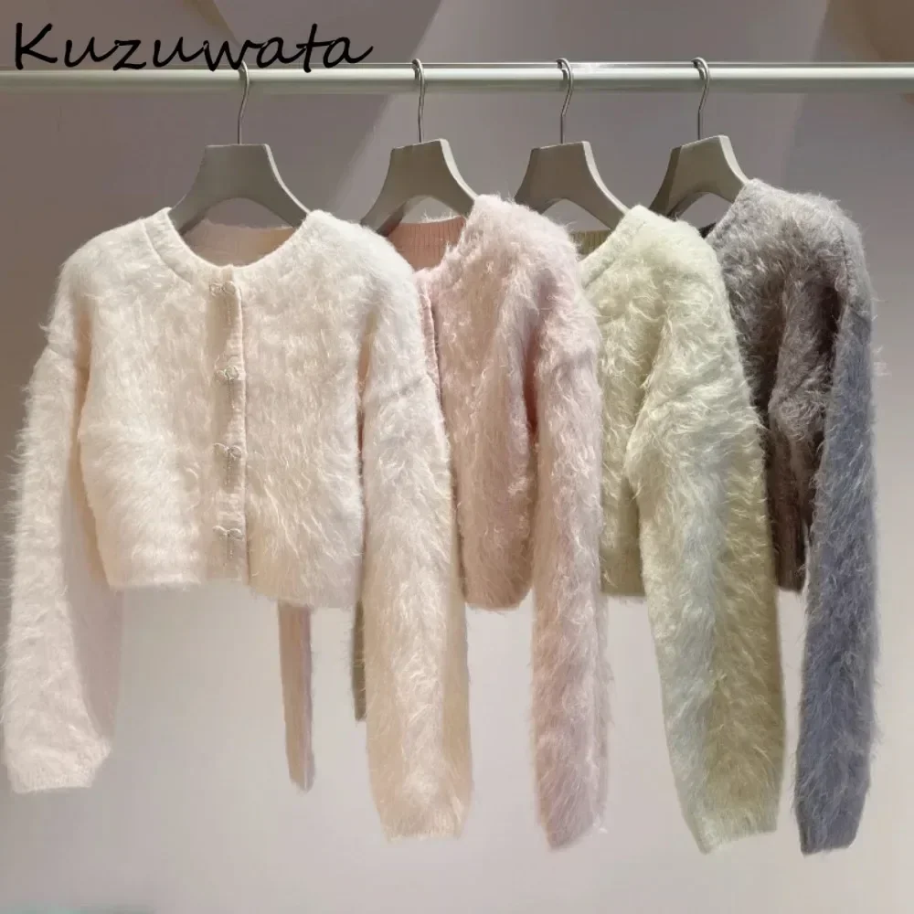 Kuzuwata New V Neck Long Sleeve Fur Bow Cardigan Pure Desire Wind Sweet French Jumper Japanese Short Fluffy Knit Exquisite Mujer