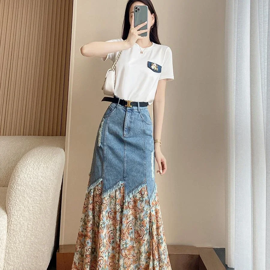 

High Waist Patchwork Maxi Women's Denim Skirt Long Female Jeans Skirts V Y2k Vintage A Line Cheap Luxury Elegant New in Quality